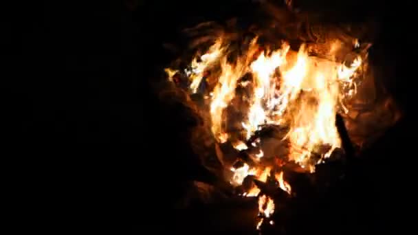 Fireplace with old newspapers and other debris burns at night — Stock Video