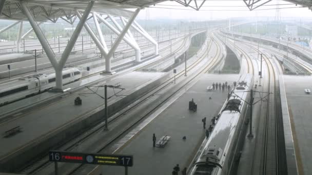 La gente lascia il treno e lascia il binario sulla stazione sud — Video Stock