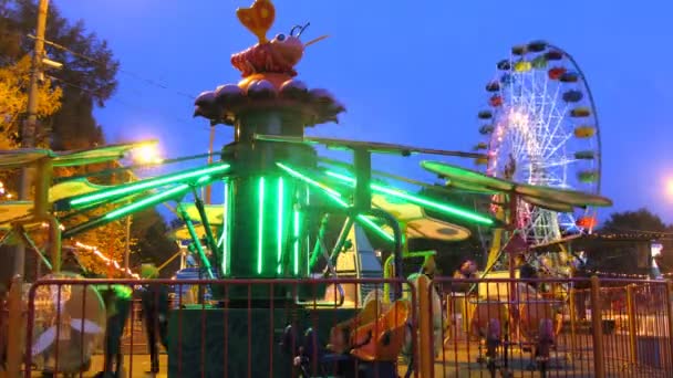 People ride in park on carousels including on observation wheel — Stock Video