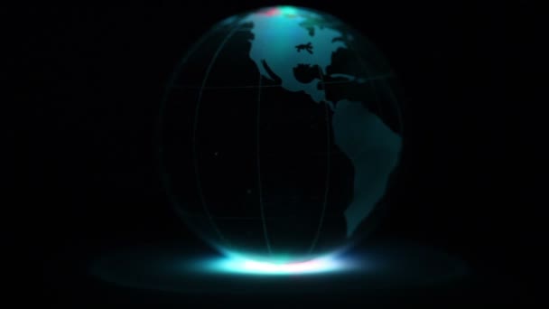 Esfera gira con el mapa del mundo en él y el anillo de iluminación de color — Vídeos de Stock