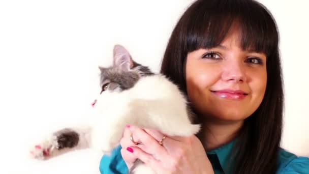 Menina jovem segurar gato na mão — Vídeo de Stock
