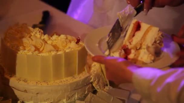 Os visitantes no casamento cortam a torta de casamento e põem-na em chapas — Vídeo de Stock