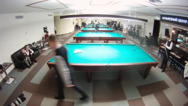 Billiard tables stand in row on championship of Moscow on billiard sports — Stock Video