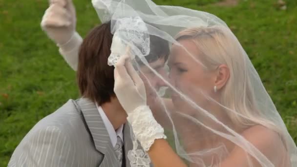 Recién casados pareja se sienta en la hierba juntos y besos bajo velo de novia — Vídeos de Stock