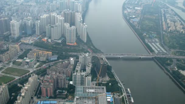 From TV tower is visible bridge, Pearl river and city panorama — Stock Video
