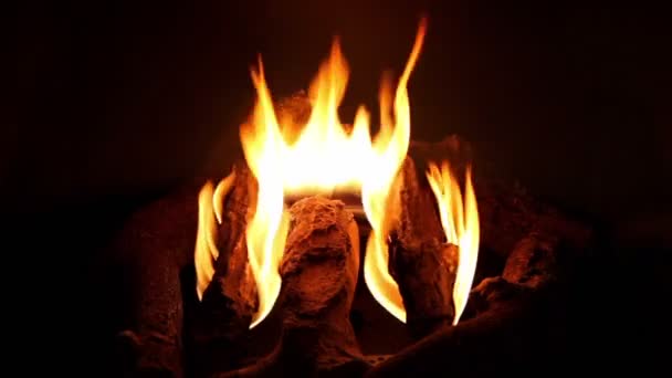 Feu de camp artificiel avec des feux de bois dans une cheminée sombre — Video