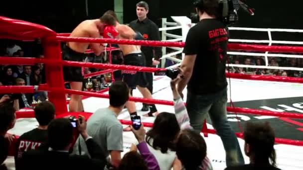 Dois desportistas lutam no ringue de boxe na Batalha de Moscou 3 — Vídeo de Stock