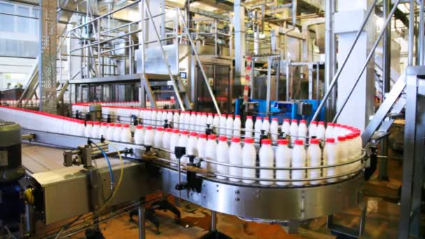 Flessen yoghurt met rode doppen verplaatsen lang zigzag transportband in fabriek — Stockvideo