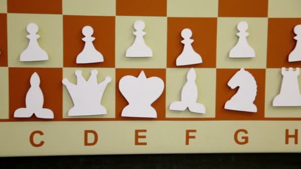 Witte platte schaakstukken op uitgangspositie aan boord — Stockvideo