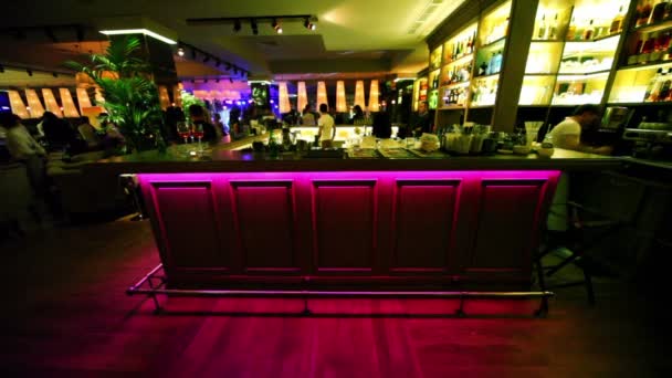 Employees at bar in dark café — Stock Video