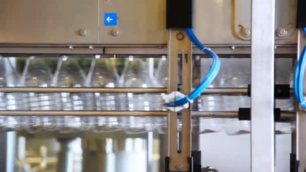 Lege plastic flessen verplaatsen in rij in enorme melk fabriek — Stockvideo