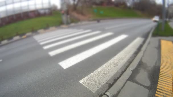 Cars quickly go on pedestrian crossing near sidewalk — Stock Video