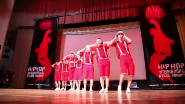 Seven boys from ABZAC CREW dance modern style on stage — Stock Video