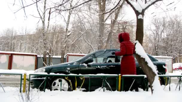 Žena čistí auto od sněhu a tlačí to že odešel — Stock video