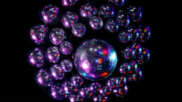 Many discoballs under ceiling light is reflected from surface of sphere — Stock Video