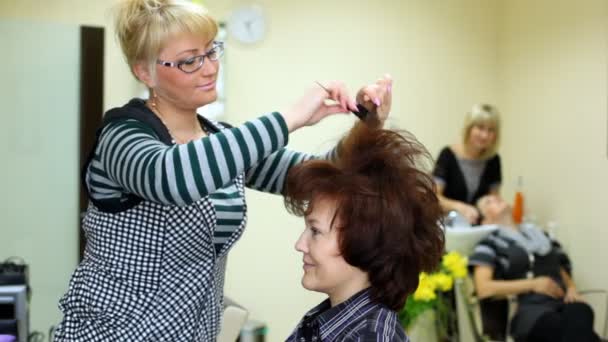 To woman of average years hairdresser does hairdress and fasten her by varnish — Stock Video