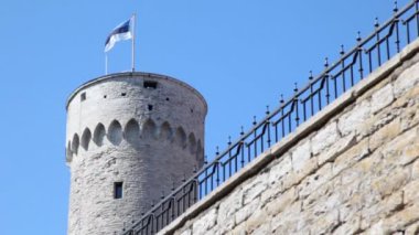 Estonya bayrağı ve demir çit duvarla kısmını yuvarlak kulenin