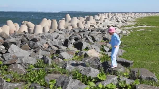 Deniz kıyısı üzerinde taşlar mavi ve pembe şapkalı küçük kız atlar — Stok video