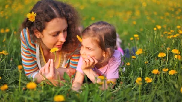 Mutter und Tochter liegen mit Blumen im Haar auf dem Rasen — Stockvideo