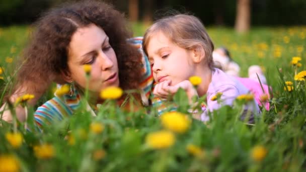 Mother and daughter talk lying on lawn in sunny weather — Stock Video