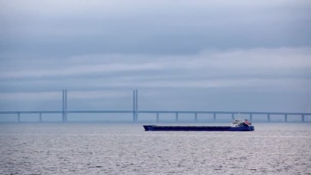 Empty cargo ship floats on water against bridge — Stock Video