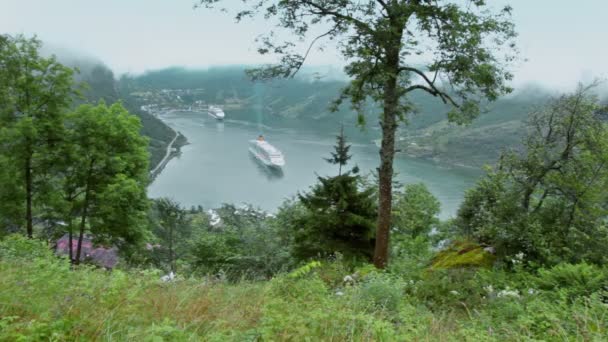 Dois enormes cruzadores sob fiança com cidade costeira entre a floresta — Vídeo de Stock
