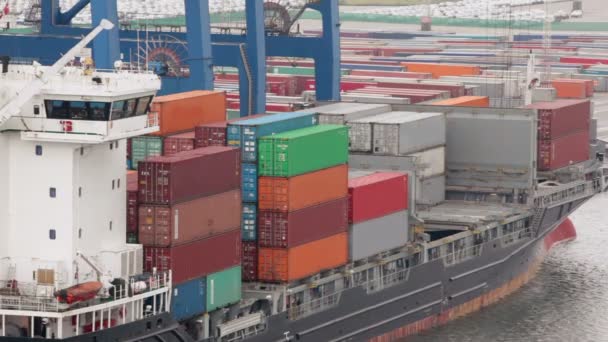 Viele Container an Bord der Barge und am Ufer des Hafens — Stockvideo