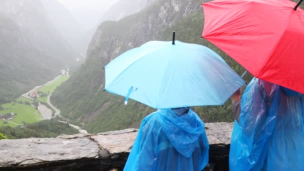 Mensen kijken fjord vallei in het midden van de bergen — Stockvideo