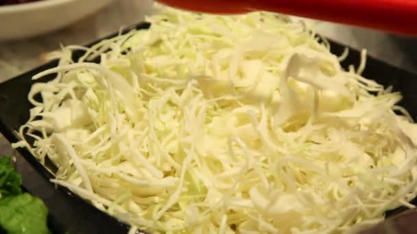 Nippers take portion of cut cabbage and put it on plate close up — Stock Video