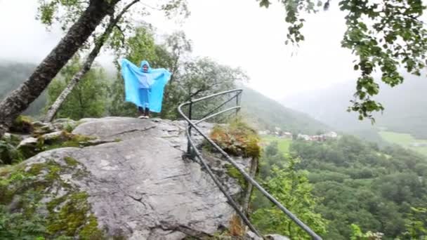 Kind en fjord vallei in midden van bosrijke bergen van mist — Stockvideo
