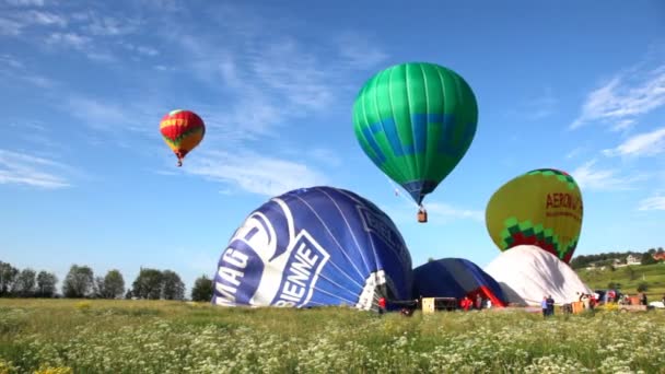 Balloons fly up in sky with passengers over green field — Stock Video
