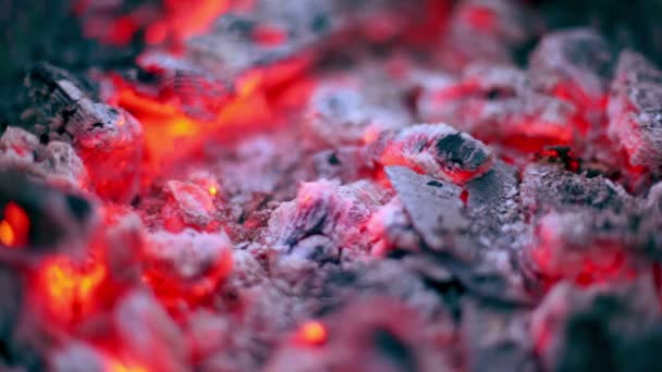 Flicker of smoldering embers lay in ashes — Stock Video