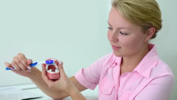 Dentiste tient la mâchoire et la nettoie par brosse à dents, vue rapprochée — Video