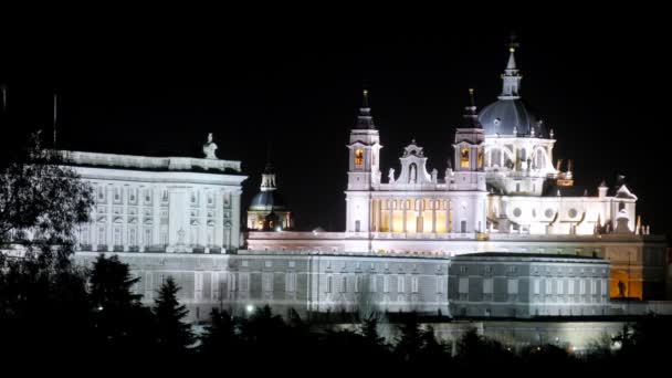Catedral de la Almudena se refleja en el agua por la noche, lapso de tiempo — Vídeo de stock