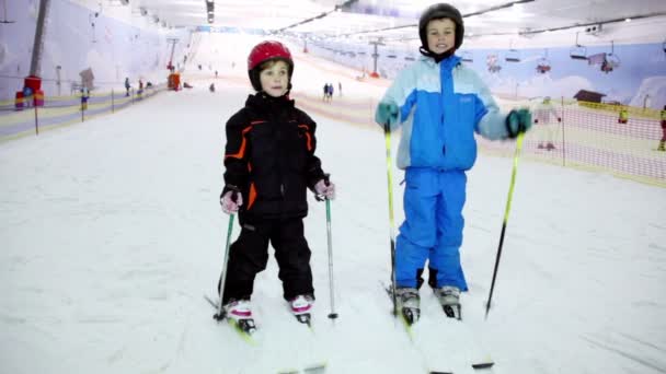 Dwoje dzieci stoją na narty i podnosi Polaków na tle ropeway — Wideo stockowe