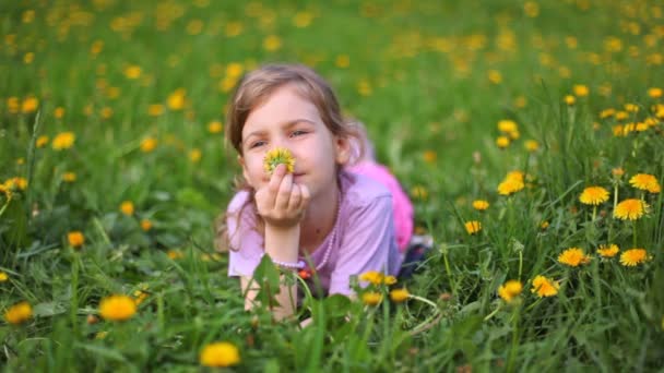 Дівчина пахне кульбабою на зеленому газоні, вкритому квітами — стокове відео