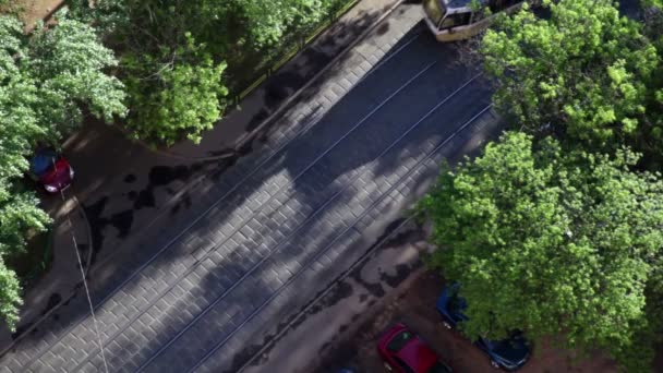 Straßenbahnen fahren entgegen der Fahrtrichtung zwischen Bäumen, Blick von oben — Stockvideo