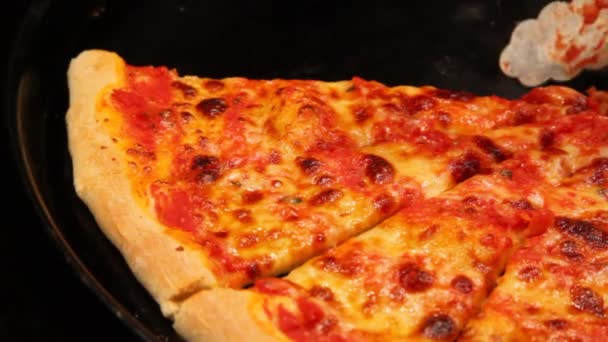Nippers toma rebanada de pizza de la sartén de cerca — Vídeos de Stock