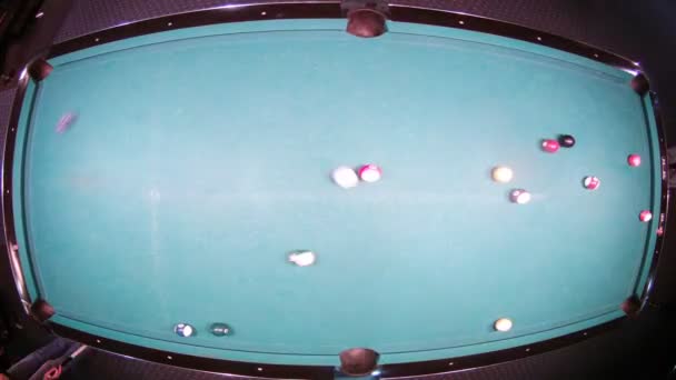 Father with son strike with cues on billiard balls, time lapse — Stock Video