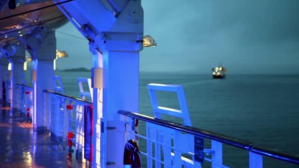 Illumination on deck of ship which floats at sea — Stock Video
