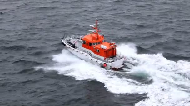 Poupar barco a motor flutua na água dissecando ondas à tarde — Vídeo de Stock