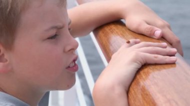 Çocuk çit yakınındaki güverte üzerinde duruyor ve uğur böceği saatler