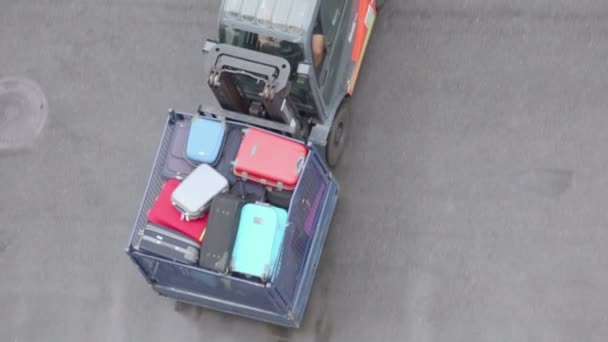 Loader moves tray with passengers luggage, view from above — Stock Video