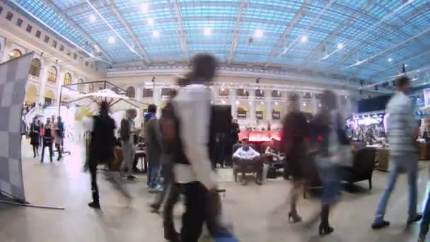 Visitors have rest in cafe at exhibition on Week of fashion — Stock Video