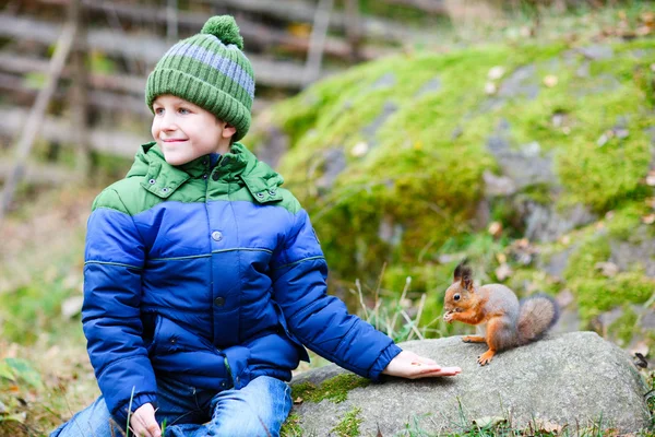 Cute boy and squirrel — Stock Photo, Image