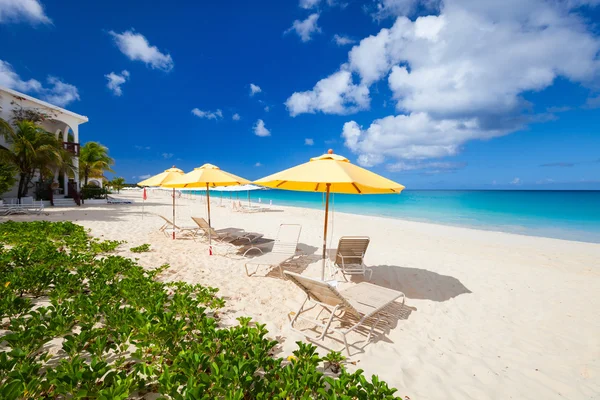 椅子和热带海滩上伞 — 图库照片