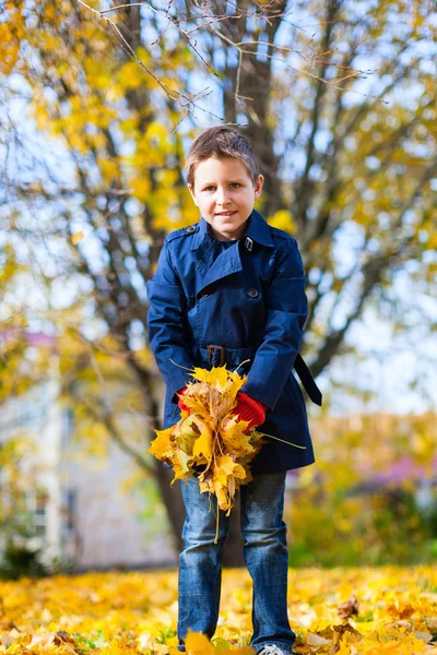 Kleine jongen buitenshuis op een herfst dag — Stockfoto