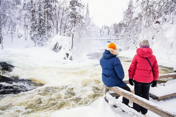 Back View Father Daughter Enjoying Breathtaking View Winter Landscape Oulanka — Stock Photo, Image