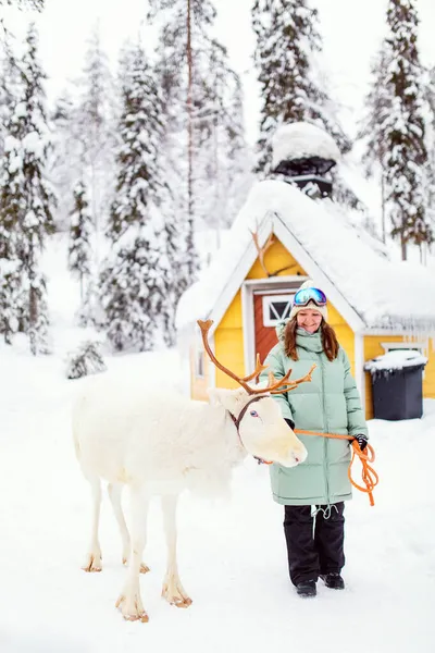 Young Woman Walking White Reindeer Winter Forest Lapland Finland — Stock Photo, Image