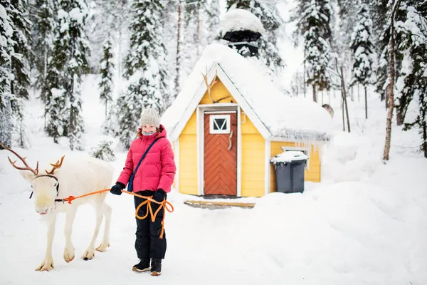 在芬兰拉普兰冬季森林中与白驯鹿一起散步的可敬的少女 — 图库照片